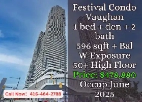 Festival Condo Vaughan  1 Den 2 Bath  High Floor  478880 image