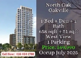 North Oak Oakville  1 Bed   Den  West View  only 569990 image