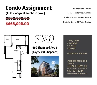 1 Bed Condo Assignment in Bayview Village Selling at Loss image