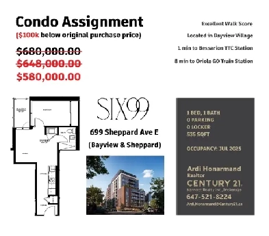 1 Bed Condo Assignment in Bayview Village Selling at Loss image
