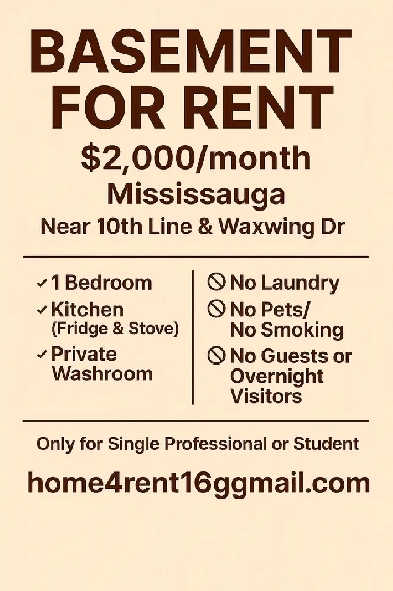 1Bedroom Basement  Mississauga 10th Line  Waxwing image
