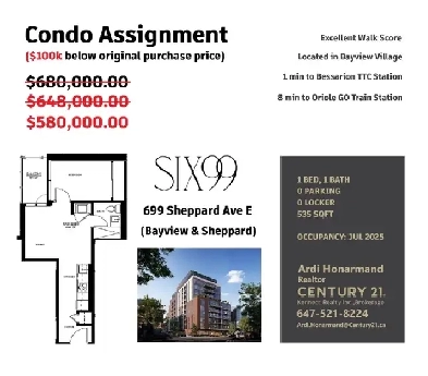1 Bed Condo Assignment in Bayview Village Selling at Loss image