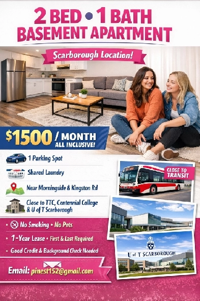 Two Bedroom in basement for rent for couples or two females image