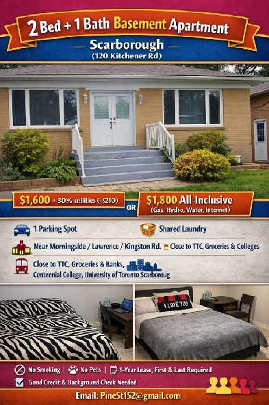 Two bedroom Basement for Rent Scarborough Image# 1