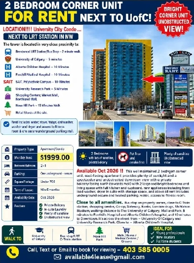Bright lots of Sunshine-2BR Prkg Next 2 UofC, LRT,Brentwood mall Image# 1