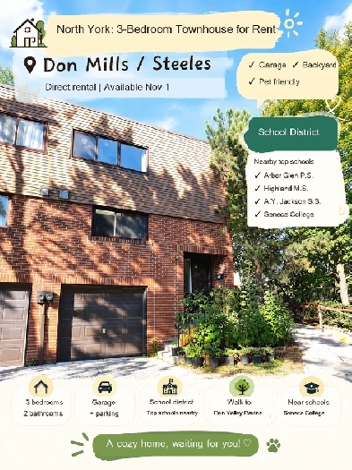 3-bedroom townhouse for rent at Don Mills/Steeles Image# 1