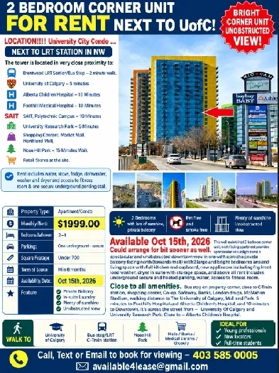 Bright lots of Sunshine-2BR Prkg Next 2 UofC, LRT,Brentwood mall Image# 1
