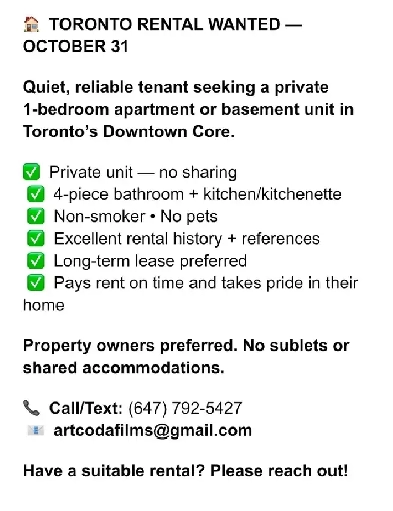 TORONTO LANDLORDS — I’M LOOKING FOR A HOME! Image# 1